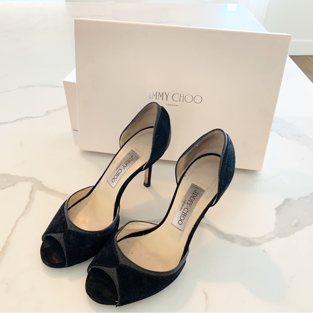 Women’s Jimmy Choo Suede/Glitter Define peep toe pumps.